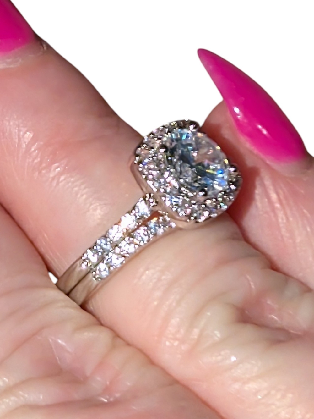Gemsme Halo Cushion Engagement Ring with Pave Band White Gold Plated